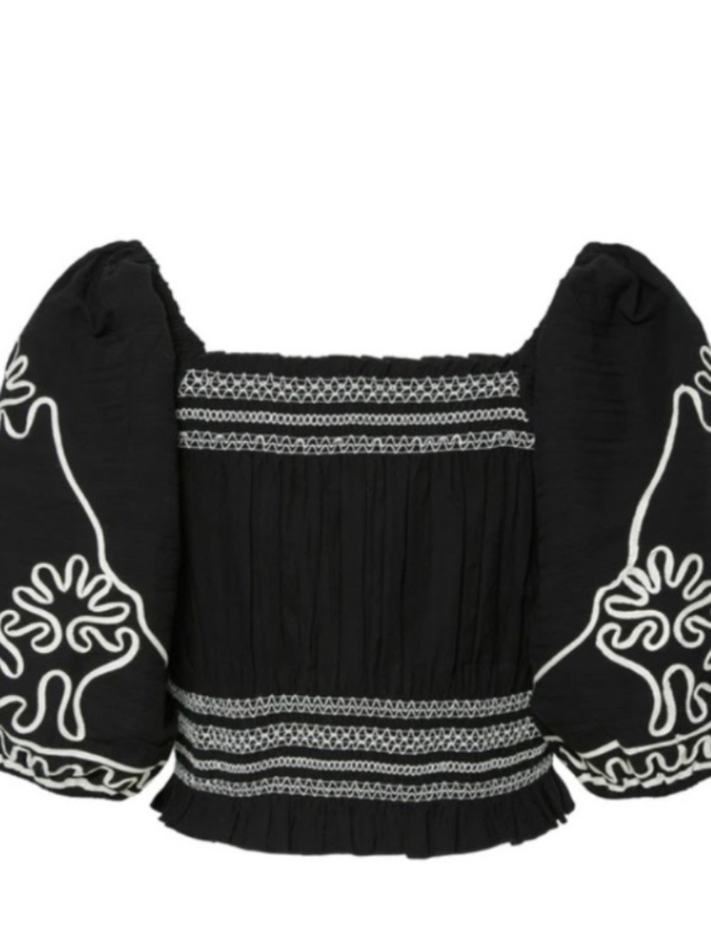 Black Embroidered Square-Neck Puff Sleeve Top - Picture 2 of 5